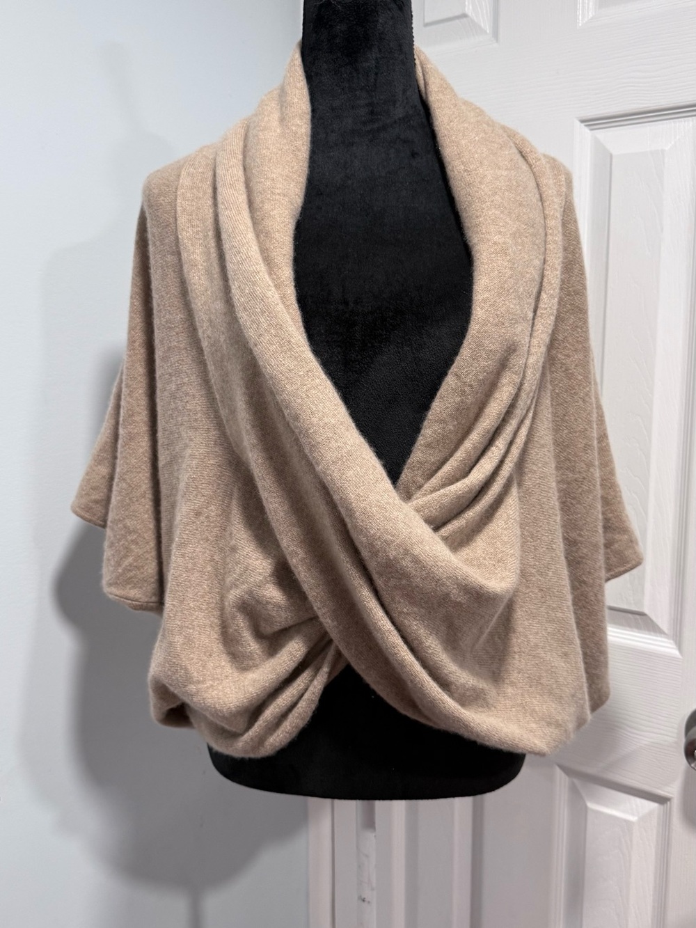 White + Warren Taupe Cashmere-Blend Draped Wrap Poncho